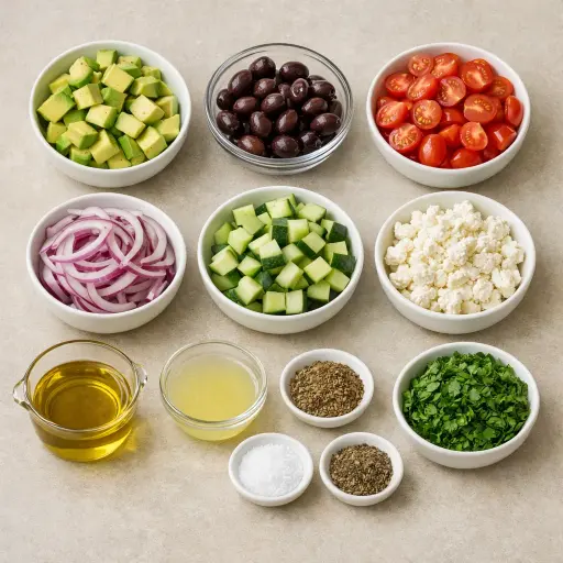 Ingredients for Aegean Avocado Greek Salad