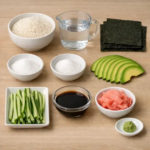Ingredients for Avocado and Cucumber Sushi Rolls