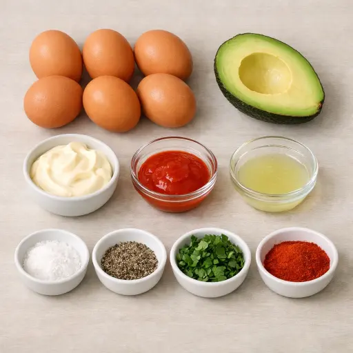 Ingredients for Avocado and Sriracha Deviled Eggs