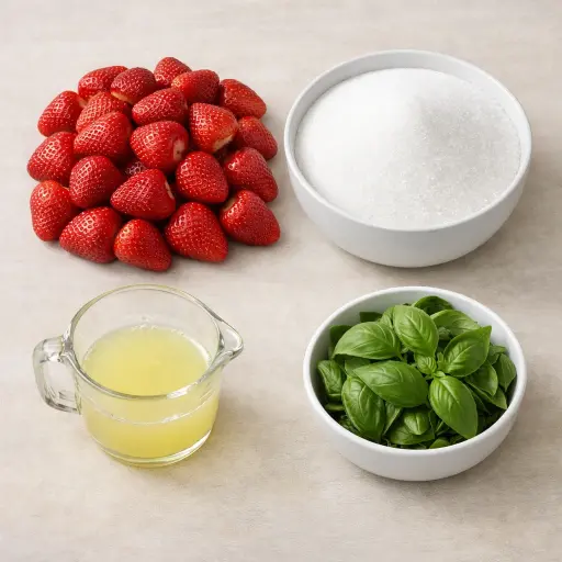 Ingredients for Basil-Infused Strawberry Jam