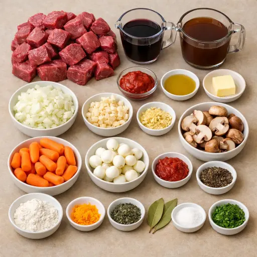 Ingredients for Beef Bourguignon with a Citrus Zest