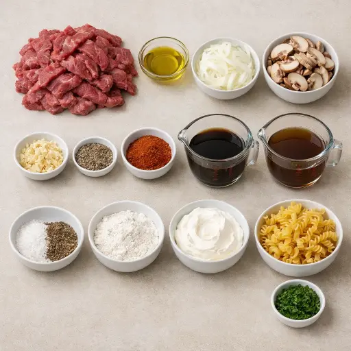 Ingredients for Beef Stroganoff with a Smoky Twist