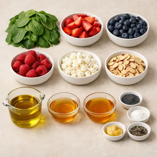 Ingredients for Berry and Spinach Salad with Poppy Seed Dressing
