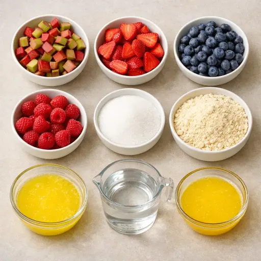 Ingredients for Berry Rhubarb Delight Dump Cake