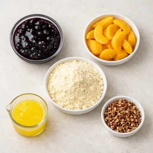 Ingredients for Blueberry Peach Crisp Dump Cake