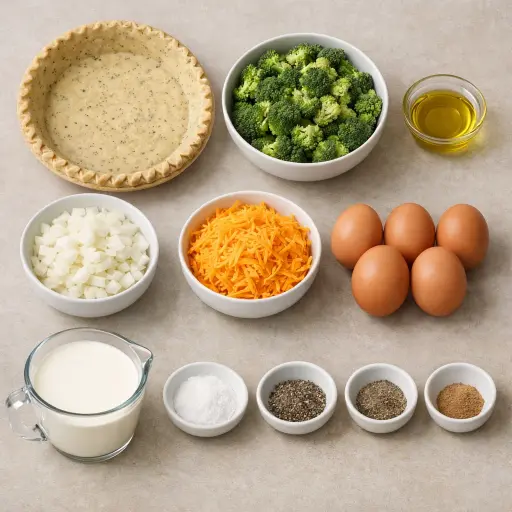 Ingredients for Broccoli and Cheddar Quiche with a Savory Herb Crust