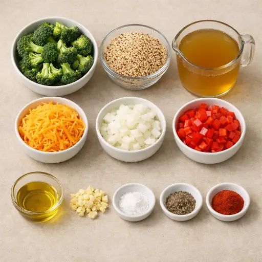 Ingredients for Broccoli and Cheddar Quinoa Casserole
