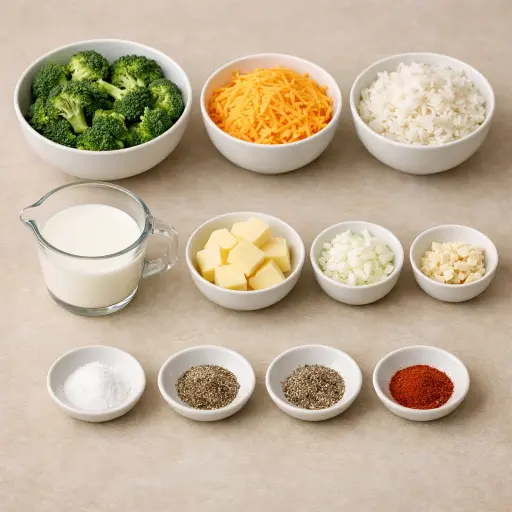 Ingredients for Broccoli and Cheese Rice Bake