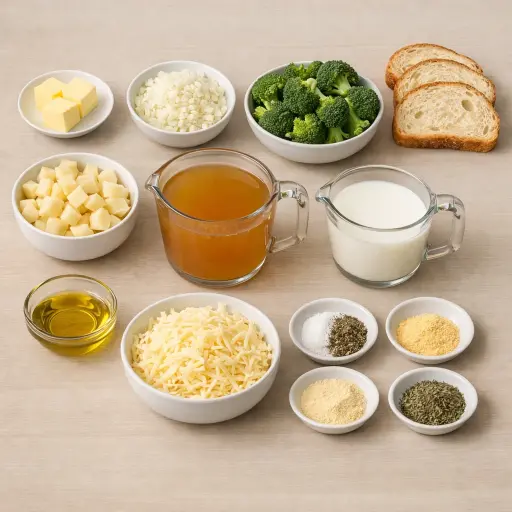 Ingredients for Broccoli and White Cheddar Soup with Garlic Croutons