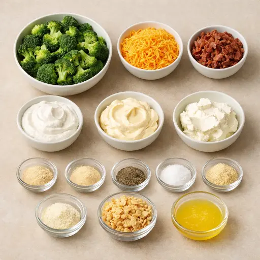 Ingredients for Broccoli Cheddar Bacon Casserole