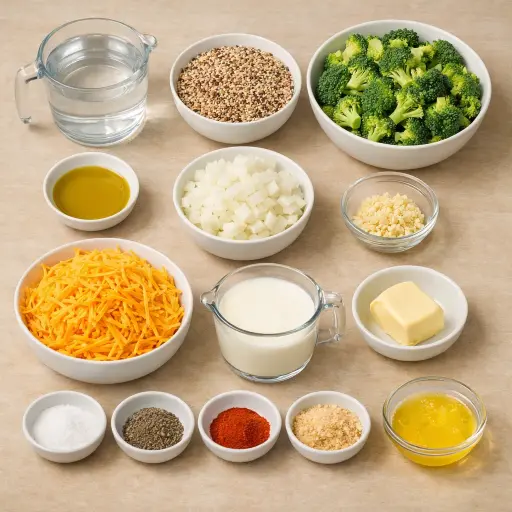 Ingredients for Broccoli Cheddar Quinoa Bake