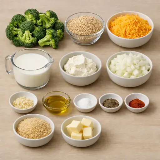 Ingredients for Broccoli Cheddar Quinoa Casserole