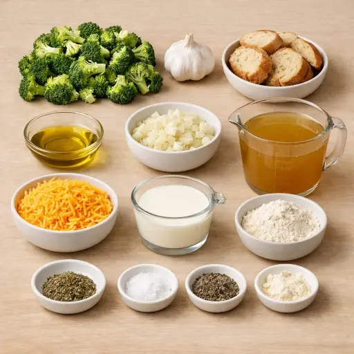 Ingredients for Broccoli Cheddar Soup with Roasted Garlic and Thyme