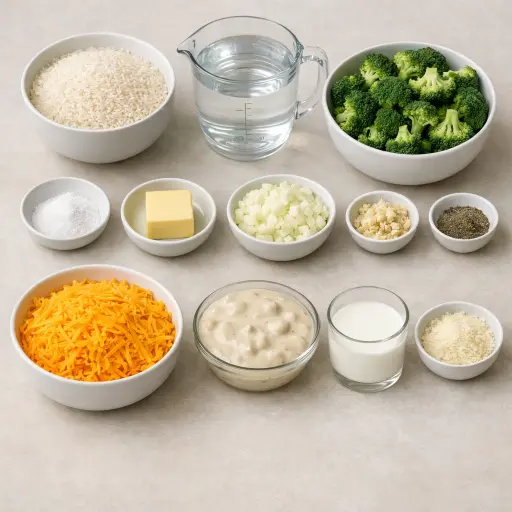 Ingredients for Broccoli Cheese Rice Bake