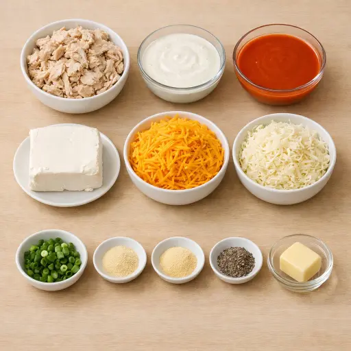 Ingredients for Buffalo Chicken Dip with a Cheesy Ranch Twist