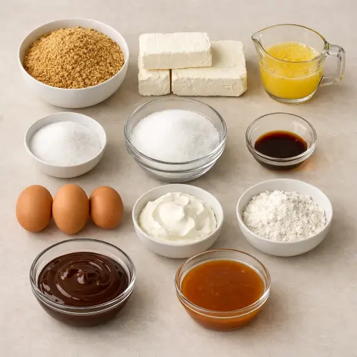 Ingredients for Caramel Chocolate Swirl Cheesecake
