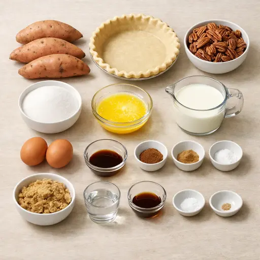 Ingredients for Caramelized Sweet Potato Pie with Candied Pecans