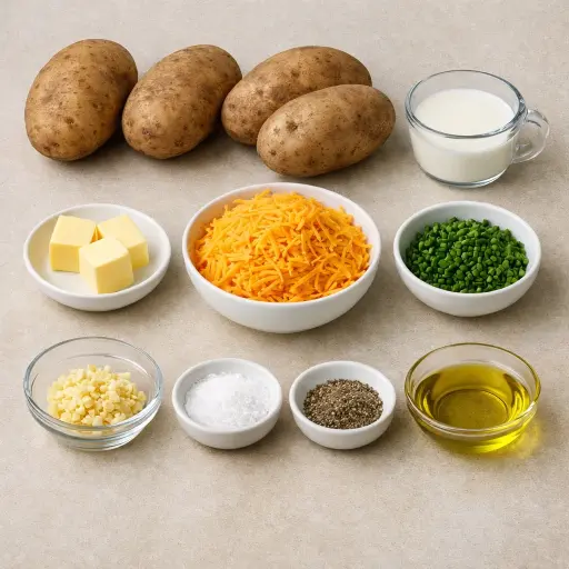 Ingredients for Cheddar & Chive Twice Baked Potatoes