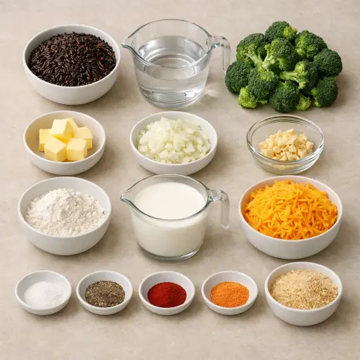Ingredients for Cheddar Broccoli and Wild Rice Casserole