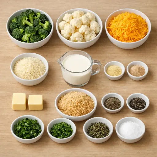Ingredients for Cheesy Broccoli Cauliflower Casserole with Herb Crumble