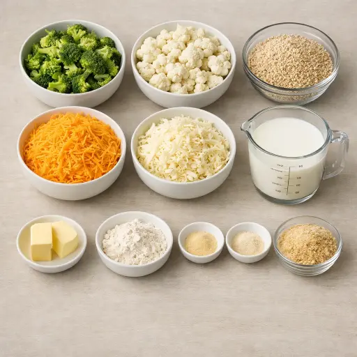 Ingredients for Cheesy Broccoli Cauliflower Quinoa Casserole