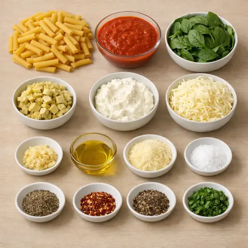 Ingredients for Cheesy Spinach Artichoke Baked Ziti