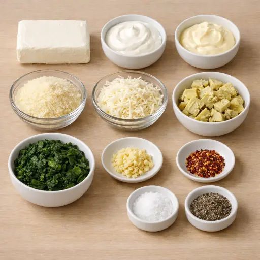 Ingredients for Cheesy Spinach Artichoke Dip