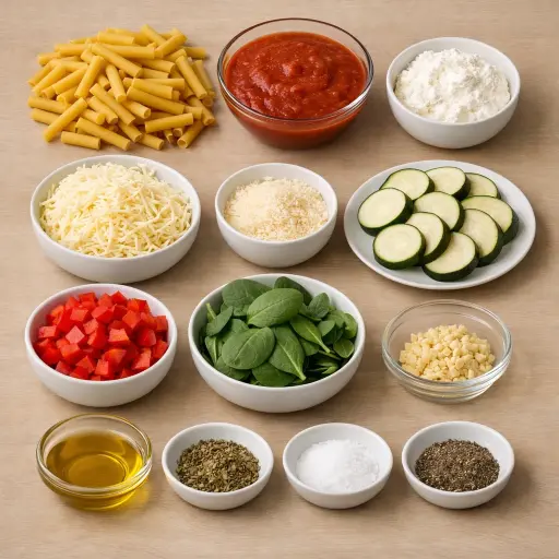 Ingredients for Cheesy Veggie Baked Ziti