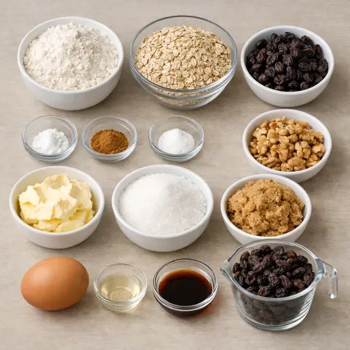 Ingredients for Chewy Walnut Oatmeal Raisin Cookies