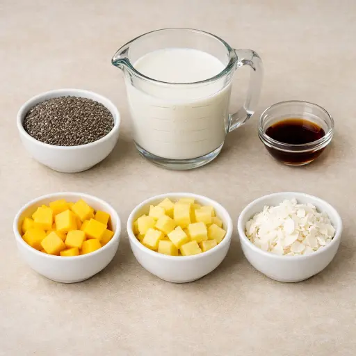 Ingredients for Chia Seed Pudding with Tropical Fruits