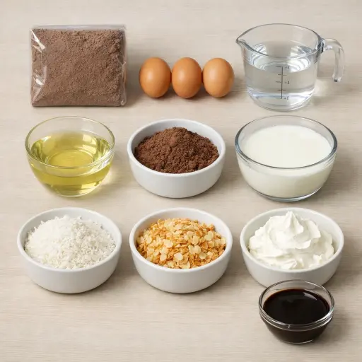 Ingredients for Chocolate Coconut Swirl Pudding Poke Cake