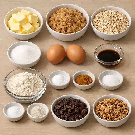 Ingredients for Cinnamon Nutmeg Oatmeal Raisin Cookies