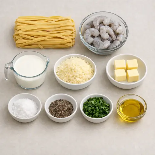 Ingredients for Classic Italian Pasta Alfredo with Shrimp