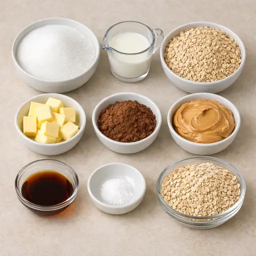 Ingredients for Classic No-Bake Cocoa Oat Cookies