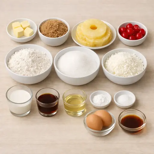 Ingredients for Coconut Rum Pineapple Upside-Down Cake