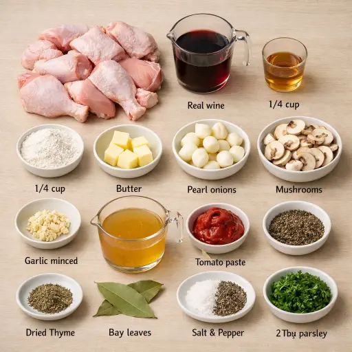 Ingredients for Coq au Vin (France)