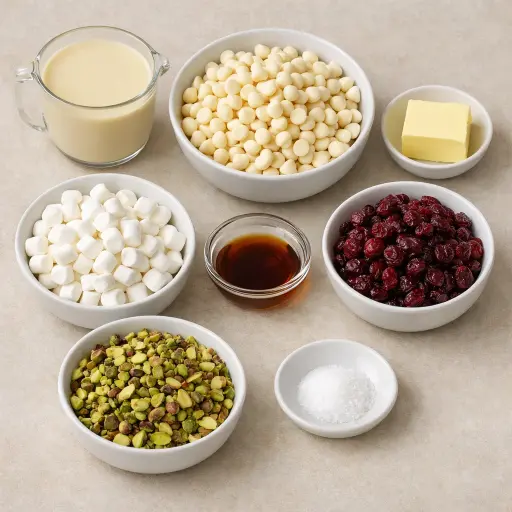 Ingredients for Cranberry Pistachio Marshmallow Fudge