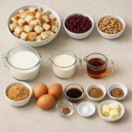 Ingredients for Cranberry Walnut Bread Pudding with Maple Cream Sauce