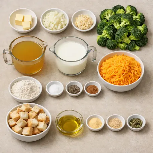 Ingredients for Creamy Broccoli Cheddar Soup with Crispy Croutons