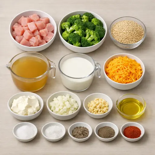 Ingredients for Creamy Chicken and Broccoli Quinoa Casserole