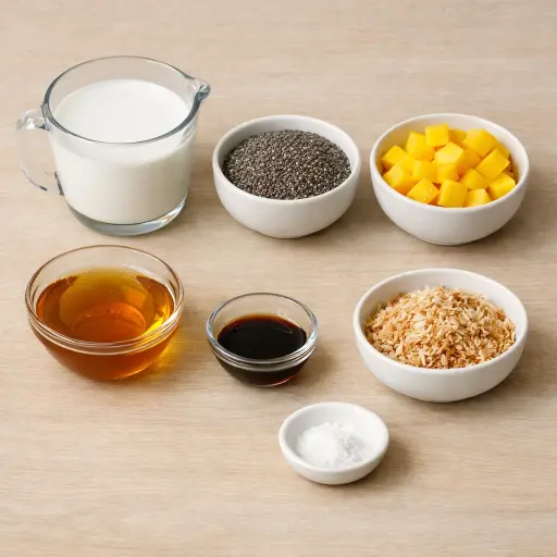 Ingredients for Creamy Coconut Chia Pudding with Mangos
