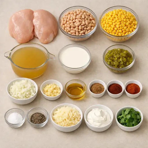 Ingredients for Creamy Crockpot White Chicken Chili Deluxe