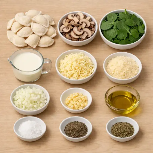 Ingredients for Creamy Mushroom & Spinach Pierogi Casserole