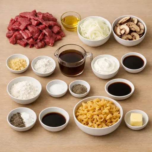 Ingredients for Creamy Mushroom Beef Stroganoff
