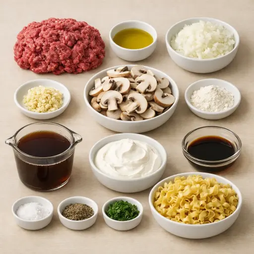 Ingredients for Creamy Mushroom Ground Beef Stroganoff