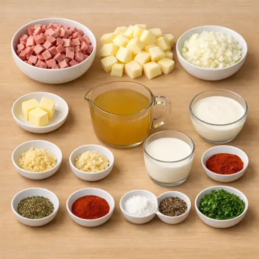 Ingredients for Creamy Potato and Smoked Ham Chowder