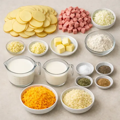 Ingredients for Creamy Scalloped Potatoes with Smoked Ham