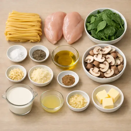 Ingredients for Creamy Spinach and Mushroom Chicken Fettuccine Alfredo