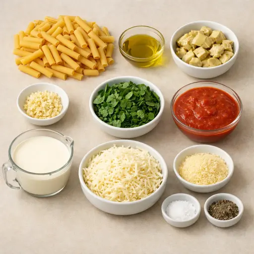 Ingredients for Creamy Spinach Artichoke Baked Ziti