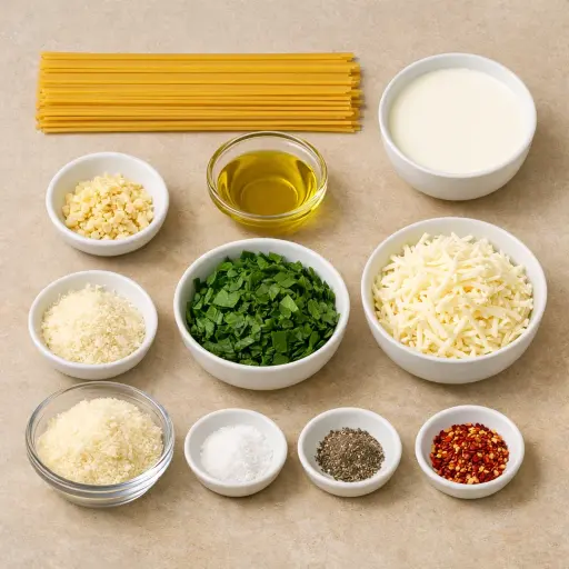 Ingredients for Creamy Spinach Baked Spaghetti